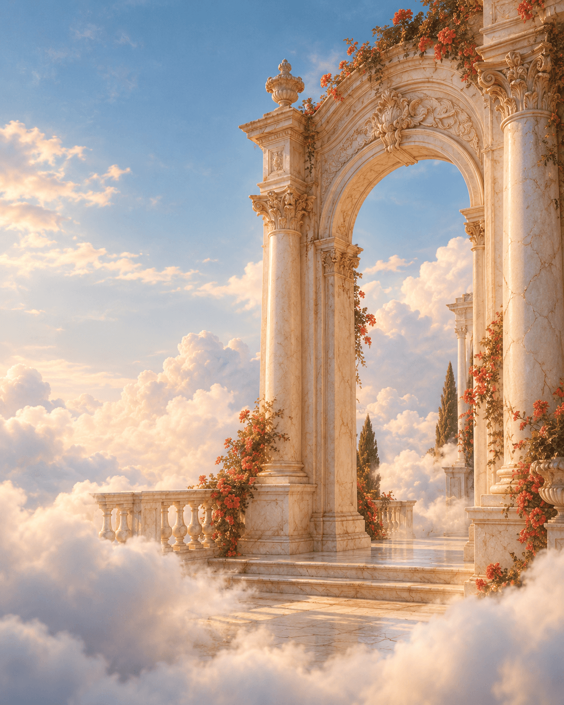 A Greek marble arch opening into bright clouds