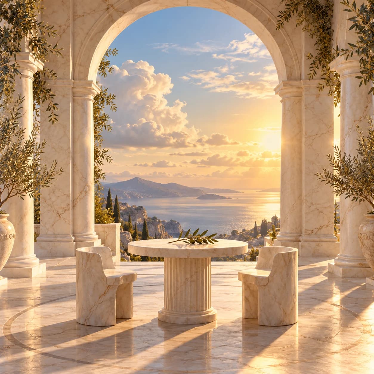 A marble table and two seats beneath a Greek arch, opening onto a bright horizon