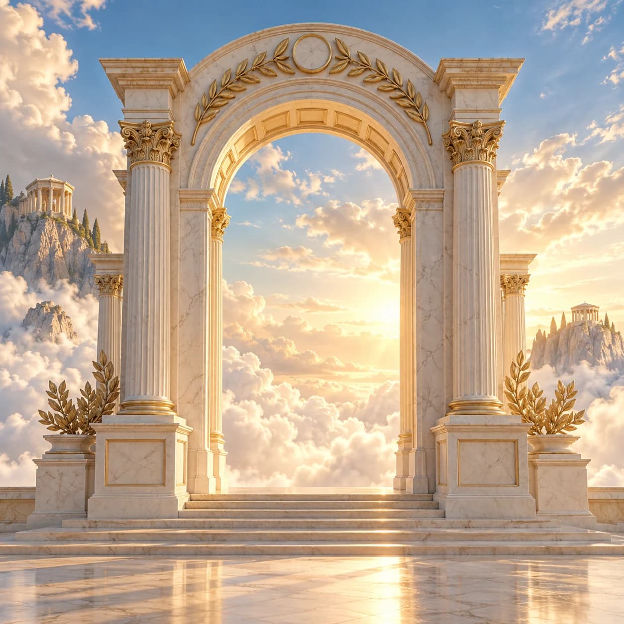 A monumental Greek marble archway opening onto clouds at sunset