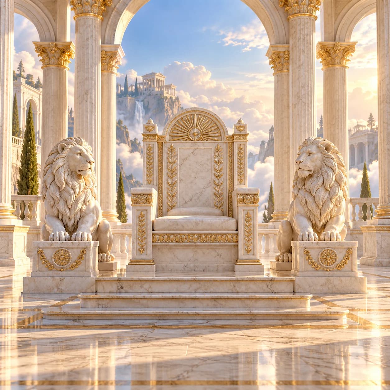 A ceremonial Greek marble throne flanked by marble lion guardians